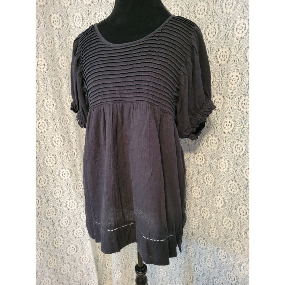 Free People Elsie Tunic Black Babydoll Cotton Linen XS Pintuck Puff Sleeve Boho